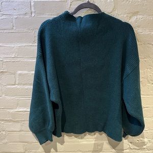 Teal balloon-sleeved mock-turtleneck sweater